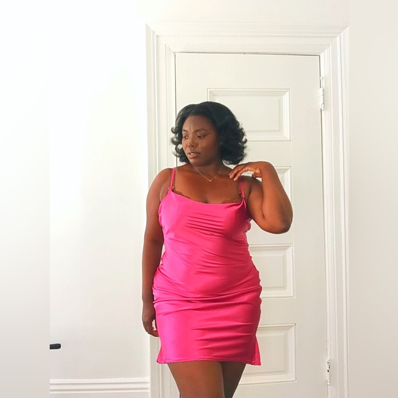 Magenta Silk Cowl Neck Evening Mini Dress in size (12) Strappy Cute Flared Hem - Picture 5 of 8